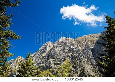 Mountains beautiful inspirational landscape in summer day. Samaria Gorge canyon in Crete Greece Europe. Looking at view with forest silhouette.