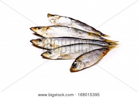 The Azov Sprat (whitebait) Are Small Fish Salted Lies On A White Background, Not Isolated.