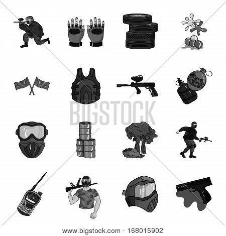 Paintball set icons in monochrome design. Big collection of paintball vector symbol stock illustration