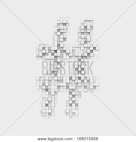 3d rendering of large octothorp symbol made up of white square uneven tiles on white background. Letters and numbers. Symbolism. Punctuation marks.