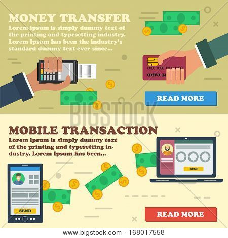 Vector two horizontal banners mobile online payment. Financial operation money online transaction banking online easy money transfer in flat style. Two hands with credit card and atm terminal. Money transfering between devices