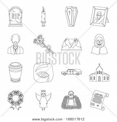 Funeral ceremony set icons in outline design. Big collection of funeral ceremony vector symbol stock illustration