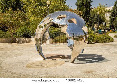 JERUSALEM, ISRAEL - OCTOBER 3: Jerusalem as the Center of the World, sculpture by David Breuer-Weil in Teddy Park in Jerusalem, Israel on October 3, 2016