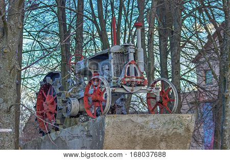 Historical monument for soviet agrimotor at Ukraine