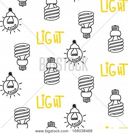 Lamp light bulb hand drawn seamless pattern design. Light bulbs icon. Concept of big ideas inspiration, innovation.  Isolated. Vector illustration.  Idea symbol. Vector. sketch. Hand-drawn doodle sign