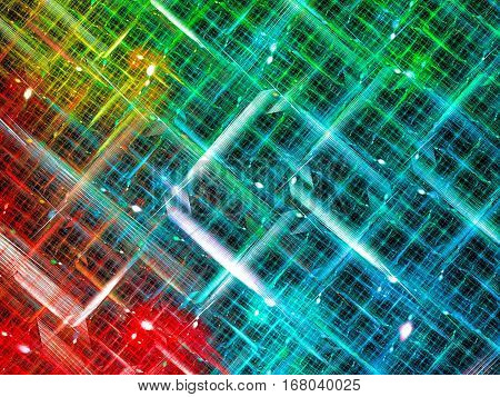 Fesive fractal background - chaos interwoven stripes. Bright backdrop for banners, posters, covers. Abstract computer-generated image - unusual grid.
