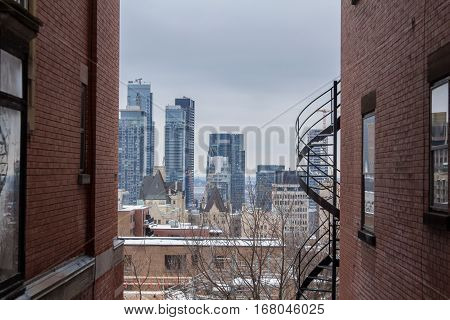 View of Montreal Skyline in winter from Mount Royal
