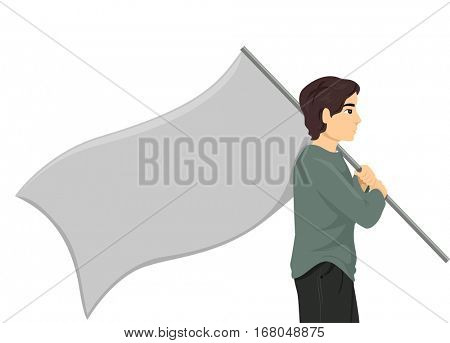 Conceptual Illustration of a Stateless Man Carrying a Large Blank Flag