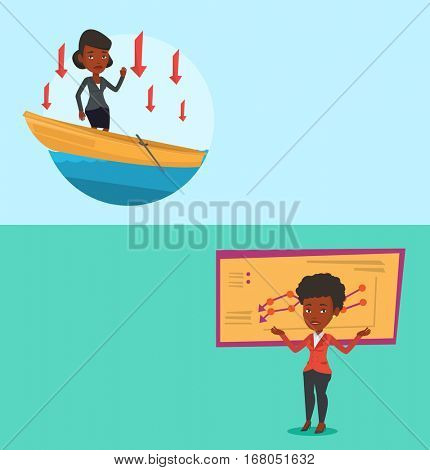 Two business banners with space for text. Vector flat design. Horizontal layout. Bancrupt standing on the background of decreasing chart. African bancrupt business woman standing with spread arms.
