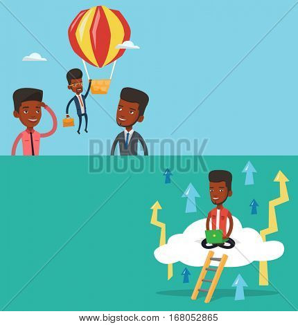 Two business banners with space for text. Vector flat design. Horizontal layout. Two employees looking at their successful colleague. Worker flying away in balloon from his less successful colleagues.