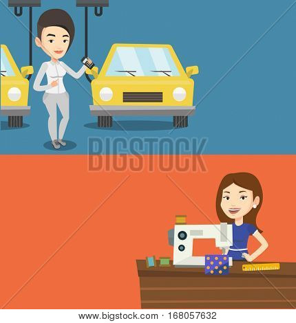 Two industrial banners with space for text. Vector flat design. Horizontal layout. Caucasian worker of car factory. Woman at work on car factory. Woman controlling automated assembly line for cars.