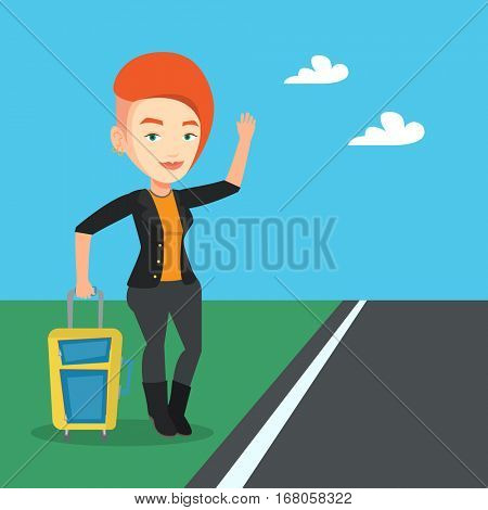 Young caucasian woman with suitcase hitchhiking on roadside. Hitchhiking woman trying to stop a car on a highway. Woman catching taxi car by waving hand. Vector flat design illustration. Square layout