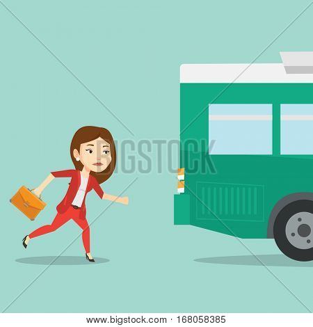 Young businesswoman running to catch bus. Upset caucasian businesswoman running for an outgoing bus. Sad latecomer woman running to reach a bus. Vector flat design illustration. Square layout.