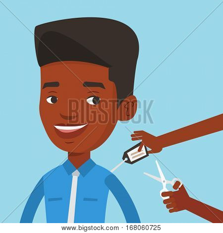Cheerful man removing price tag off new t-shirt. Young african-american man cutting label off new clothes with scissors. Man shopping at clothes store. Vector flat design illustration. Square layout.