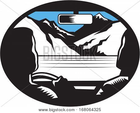 Illustration showing driver and passenger glancing looking up at the mountain peak through the front car windshield viewed from the back set inside oval shape with mountain in the background done in retro woodcut style