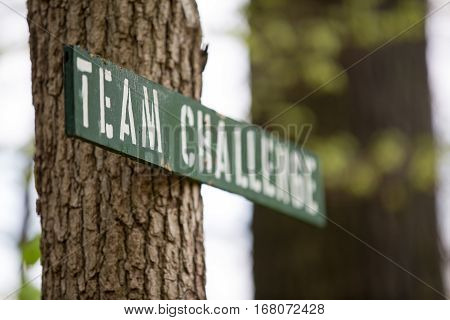 Team challenge sign on a tree with TEAM in focus