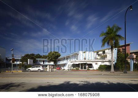 MIAMI - FEBRUARY 1 2017: Long exposure timelapse photo of the Seven Seas Motel located at 5940 Biscayne Blvd which offers guests an outdoor pool and free wifi.