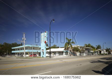 MIAMI - FEBRUARY 1 2017: Long exposure photo of Motel South Pacific located at 6300 Biscayne Boulevard and was recently converted into commercial business space.