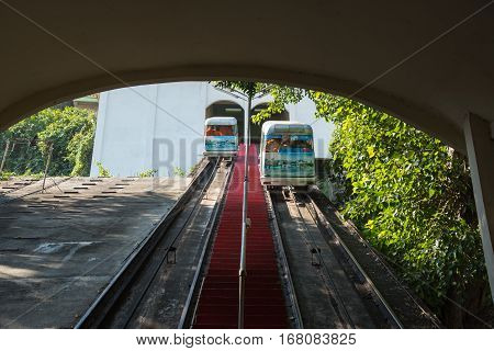 Kanchanaburi, Thailand - December 10, 2016: The popular Tram as he arrives at Wat Thum Sua - Tiger Cave Templ on December 10, 2016 in Kanchanaburi, Thailand