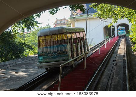 Kanchanaburi, Thailand - December 10, 2016: The popular Tram as he arrives at Wat Thum Sua - Tiger Cave Templ on December 10, 2016 in Kanchanaburi, Thailand