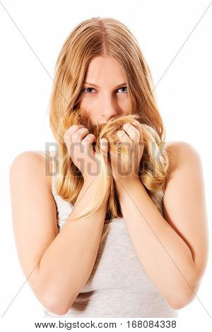 Beautiful young woman with gorgeous hairstyle.