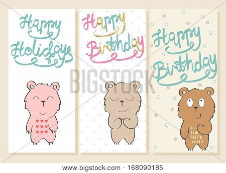 Collection of cute artistic cards for kids. Teddy in vector. Greeting card for birthday.