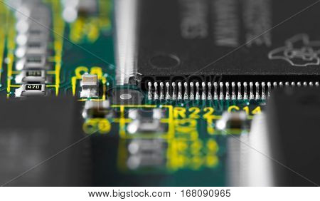 Electronic circuit board. CPU and memory chips