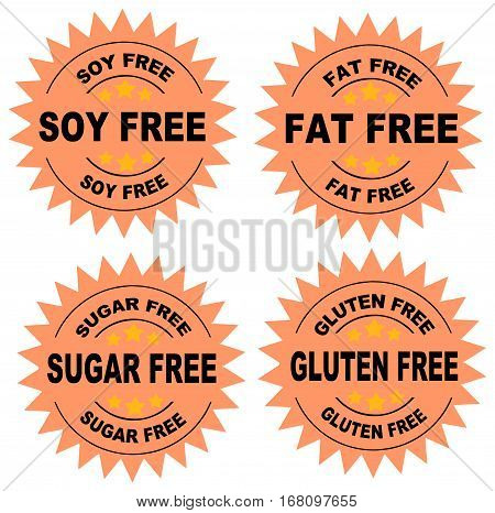 A set of seals indicating that the food is soy free, fat free, sugar fre and gluten free with a Orange Background
