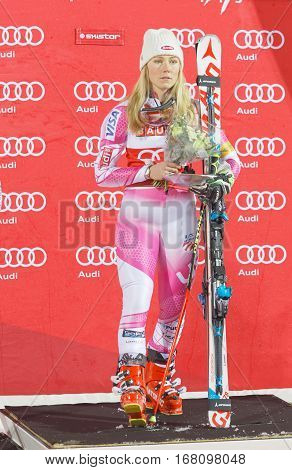 STOCKHOLM SWEDEN - JAN 31 2017: Winner Mikaela Shiffrin (USA) on the podium at the FIS Alpine Ski World Cup - city event January 31 2017 Stockholm Sweden