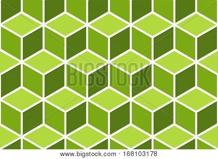 Vector geometric green cubes pattern, abstract seamless background. Optical illusion.