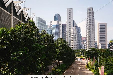 Green city of the future. City of the future. Harmony of city and nature. Sunny day in the big city.