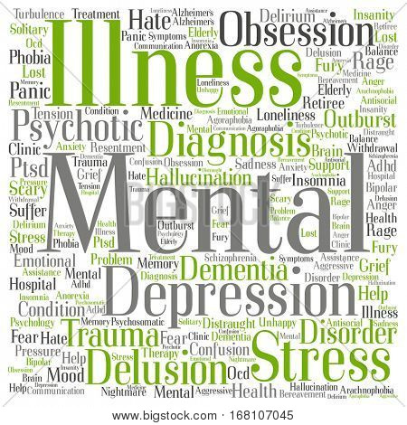 Concept conceptual mental illness disorder management or therapy abstract word cloud isolated on background metaphor to health, trauma, psychology, help, problem, treatment or rehabilitation