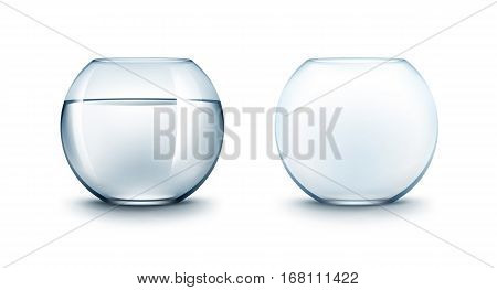 Vector Set of Realistic Blue Transparent Smooth Shiny Glass Fishbowls Aquariums with Water without Fish Isolated on White Background