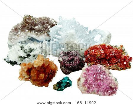 celestite quartz dioptase semigem crystals geological mineral isolated