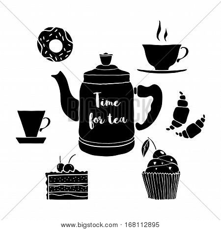 Vector illustration with cups, cake, cupcake, donut, croissants, tea pot. Hand drawn drinks and dessert with a phrase Time for tea.