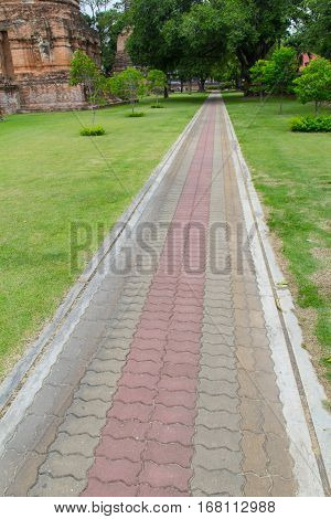 many color footpaths block walkway in temple