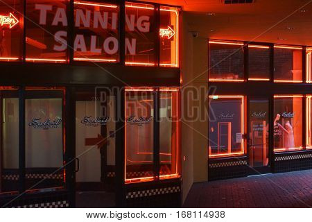 BERKELEY, UNITED STATES - DECEMBER 21: The neon tubes of the Soleil Tanning Salon a sun studio on December 21, 2015 in Berkeley.