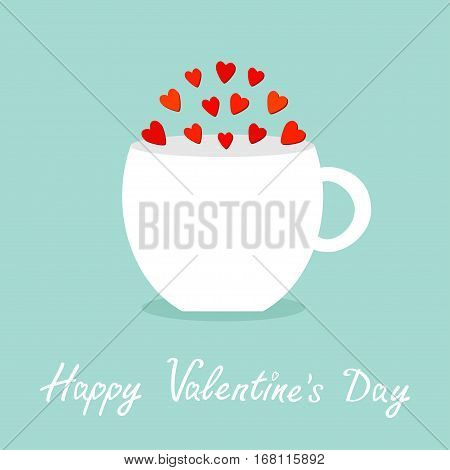 Teacup mug Tee coffee cup with red heart set. Happy Valentines Day. Love greeting card. Flat design. Cute food decoration. Blue background. Isolated. Vector illustration.