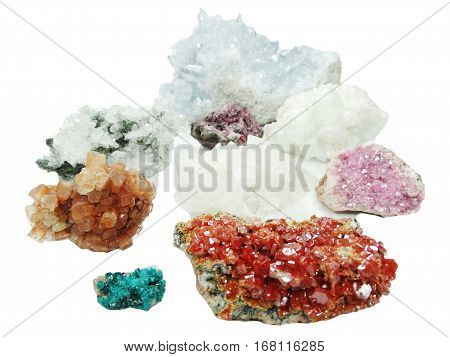 celestite quartz dioptase semigem crystals geological mineral isolated