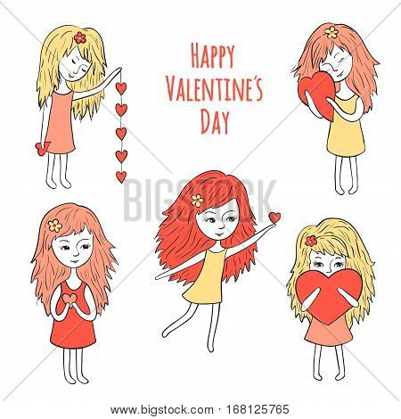Cute girls with hearts. Funny characters drawn by hand. Festive vector illustration.