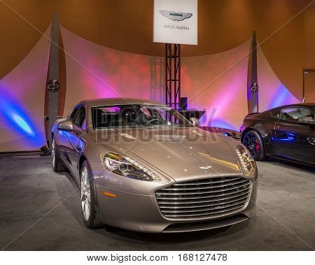 DETROIT MI/USA - JANUARY 11 2015: Aston Martin Rapide S at The Gallery an event sponsored by the North American International Auto Show (NAIAS) and the MGM Grand Detroit.