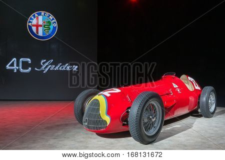 DETROIT MI/USA - JANUARY 12 2015: 1951 Alfa Romeo 159 Alfetta #22 Grand prix racecar at the North American International Auto Show (NAIAS). Driver Juan Manuel Fangio.