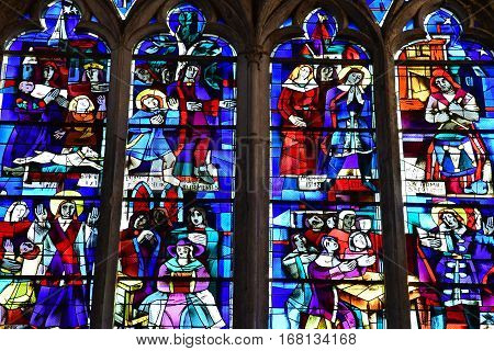 Gournay en Bray France - september 7 2016 : stained glass window of the Saint Hildevert collegiate church
