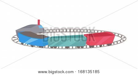 Trains with railroad. Railroad traffic way and toy train. Toy train icon. Railroad train transportation. Children s toy. Isolated object on white background. Vector illustration.
