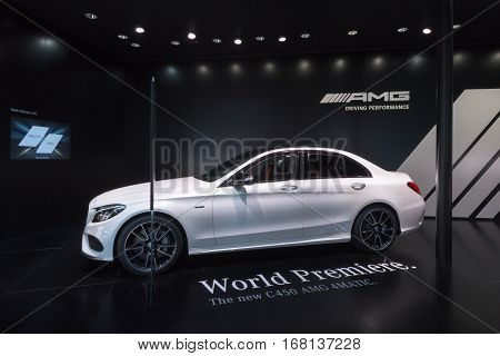 DETROIT MI/USA - JANUARY 14 2015: Mercedes C450 AMG GT car at the North American International Auto Show (NAIAS) one of the most influential car shows in the world each year.