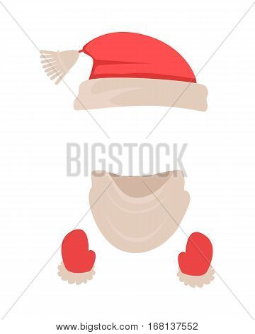 Hat. Warm Santa claus red hat. Red and white headwear. Woolen warm white scarf. Red mittons. Stylish winter headwearing stuff in icons on white background in flat design. Vector illustration