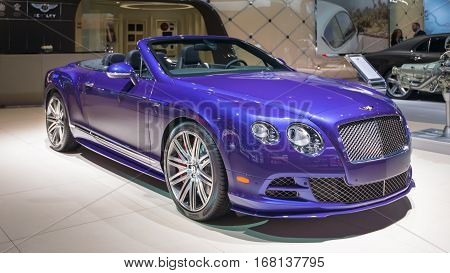 DETROIT MI/USA - JANUARY 14 2015: Bentley Continental GT Speed Convertible car at the North American International Auto Show (NAIAS) one of the most influential car shows in the world each year.