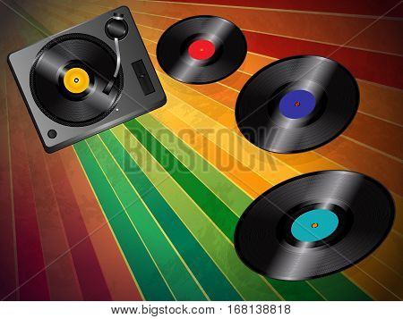 Vintage Striped Background with Turnable and Three Flying Vinyl Discs