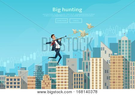 Businessman running with a gun for bags with money. Vector illustration. Human moving on tops of buildings. Business concept isolated on white background.