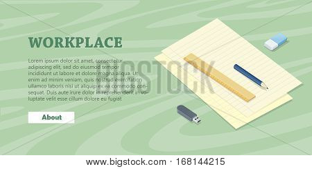 Office accessory set. Top view of desk with sheet of paper pencil ruler eraser flash drive. Personal accessories of businessman. Flat design concept of creative office workplace. Vector illustration